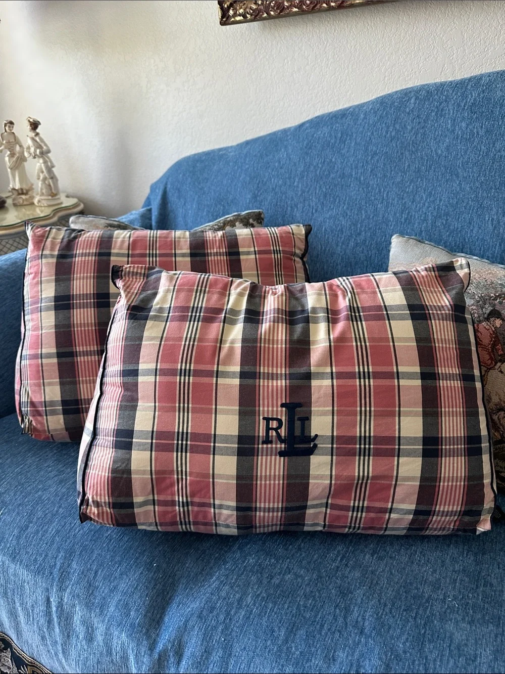 Ralph Lauren Pink & Navy Plaid Decorative Pillows with RL Monogram Set of 2